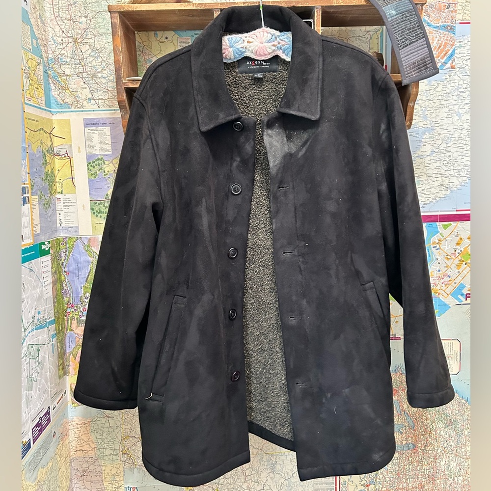Excess Faux Suede Button-Front Coat – Black
